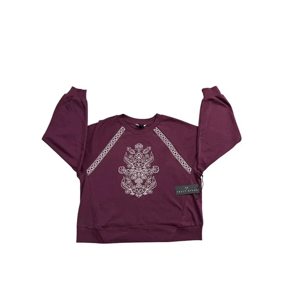 Tracy Evans Womens Embroidered Floral Sweatshirt Plum Burgundy Raglan Medium NEW - Picture 2 of 8